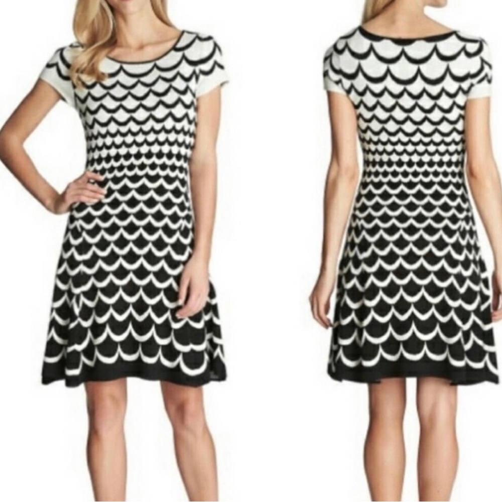 CeCe x Cynthia Steffe Black White Scalloped Short Sleeve Sweater Dress Size XL
